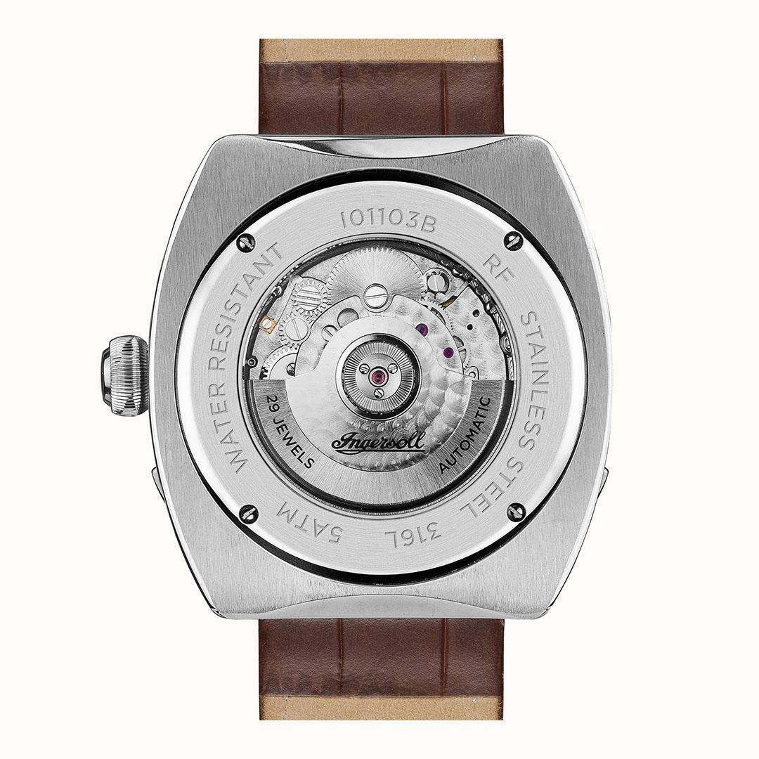 Men's automatic watch stainless steel back with movement window and brand text