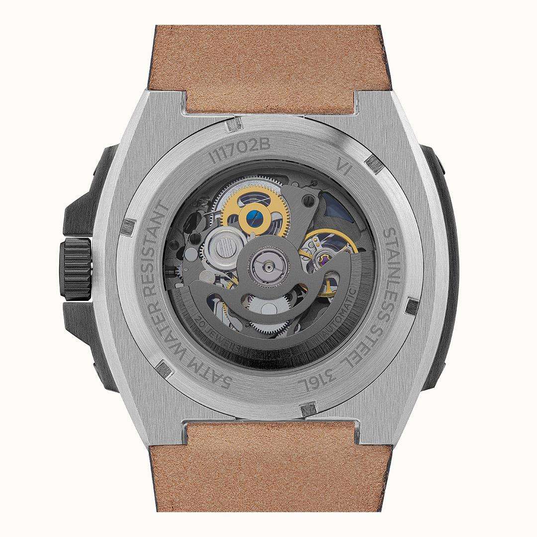 Automatic skeleton watch back view with exposed gears in a steel case