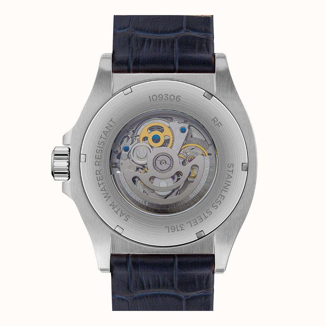 Men's automatic watch caseback with visible mechanical movement and navy leather strap.