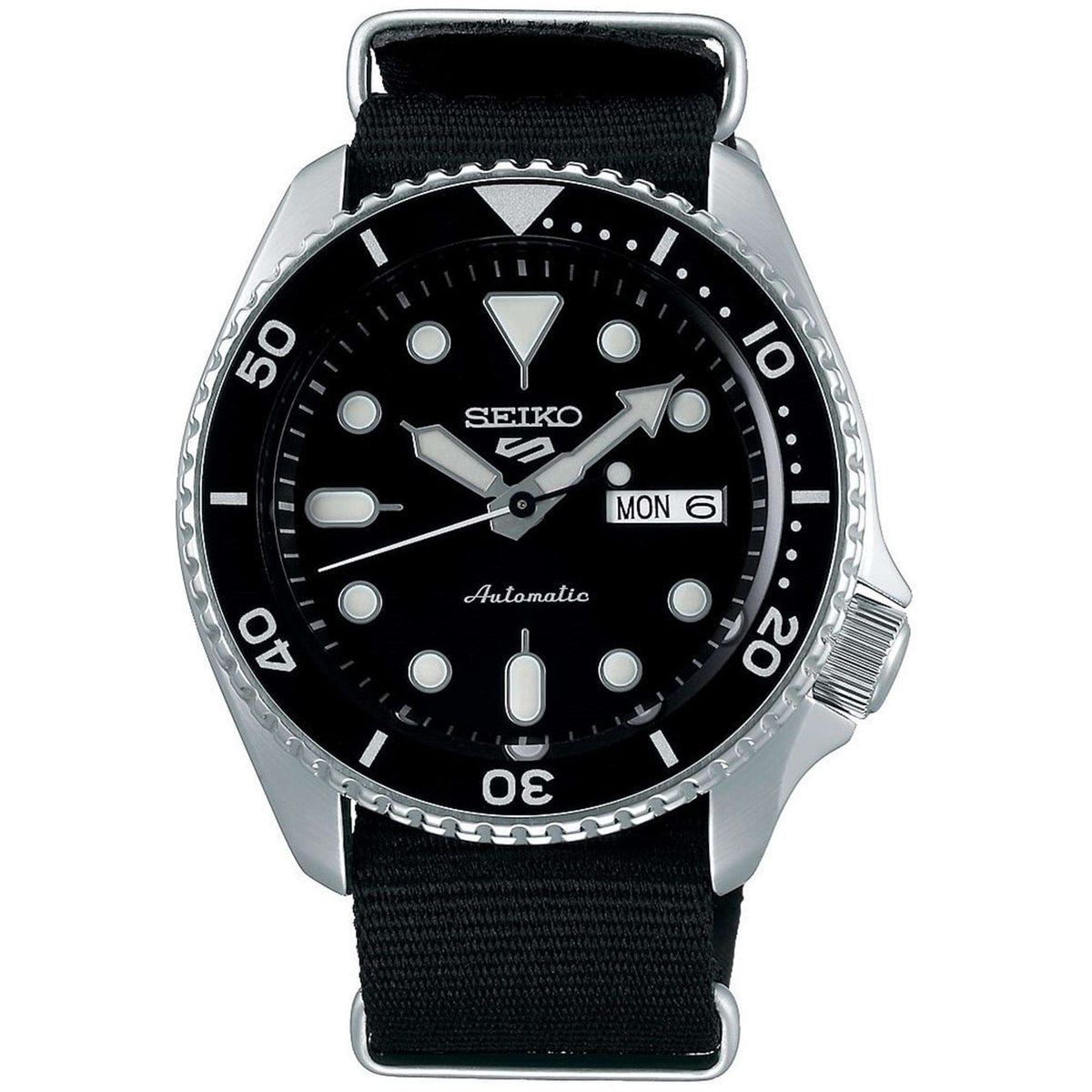Men's automatic wristwatch with black dial and black canvas strap, stainless steel case.