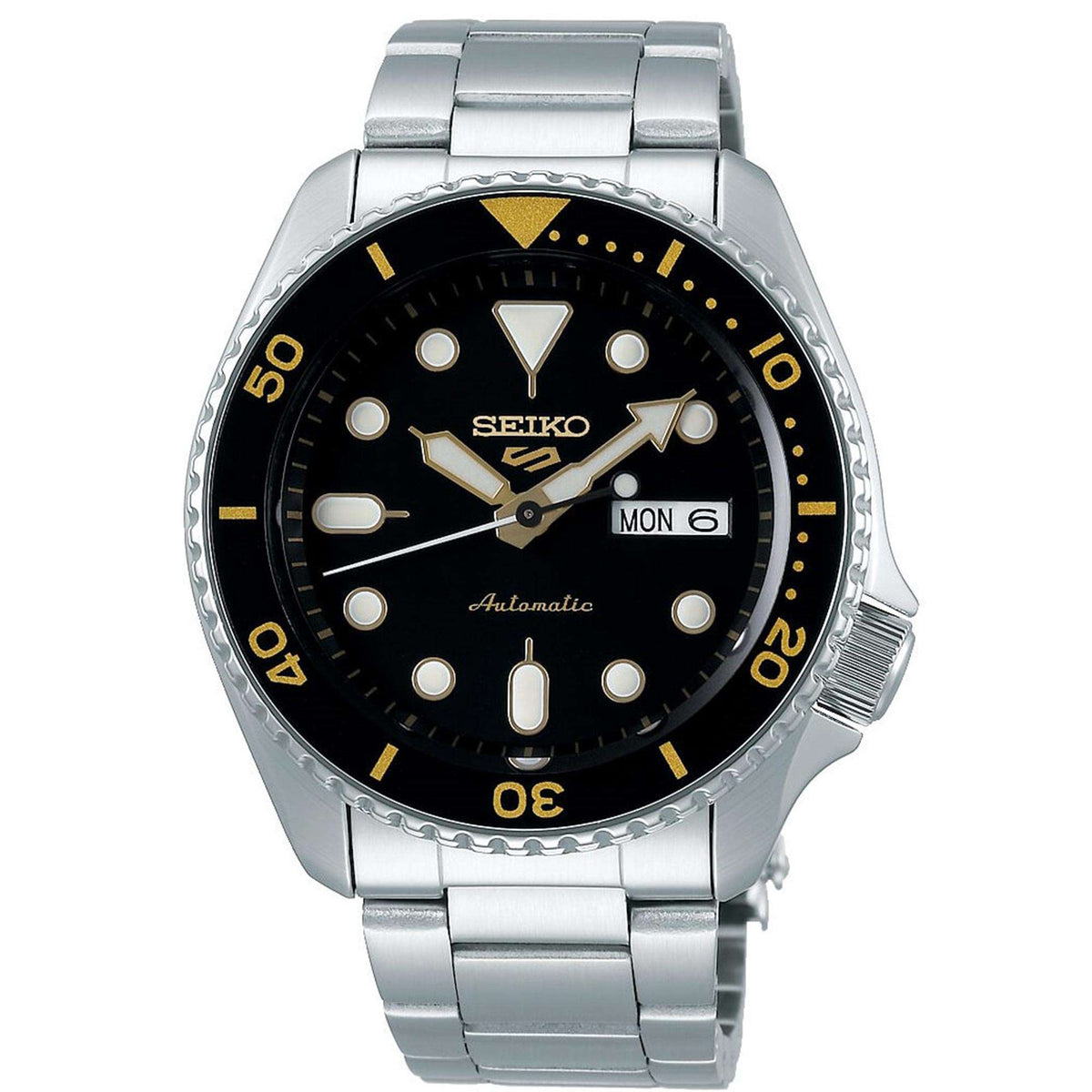 Automatic men's dive watch, black dial with gold markers, silver stainless bracelet