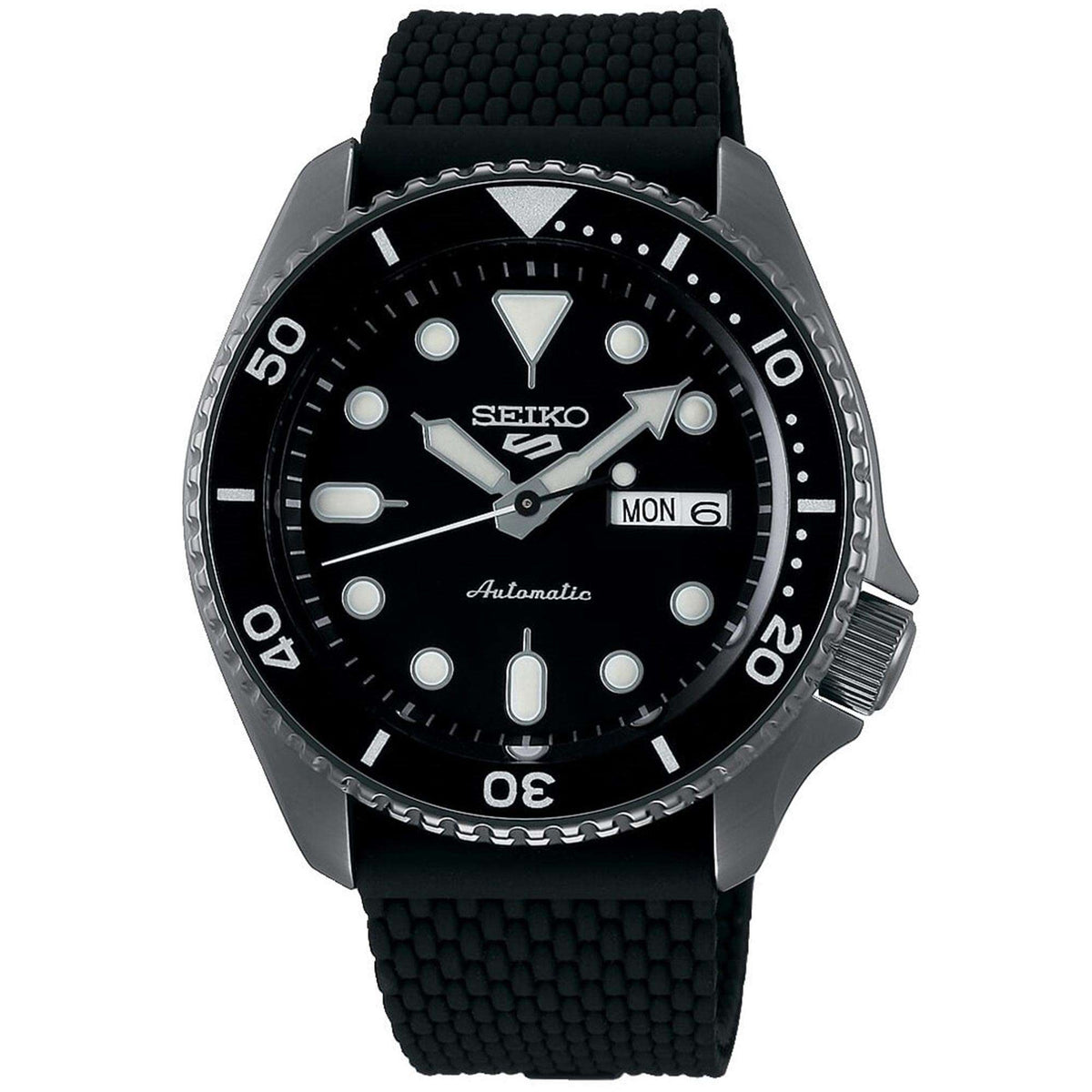 Men's automatic wristwatch with black dial, black silicone strap, and day-date window
