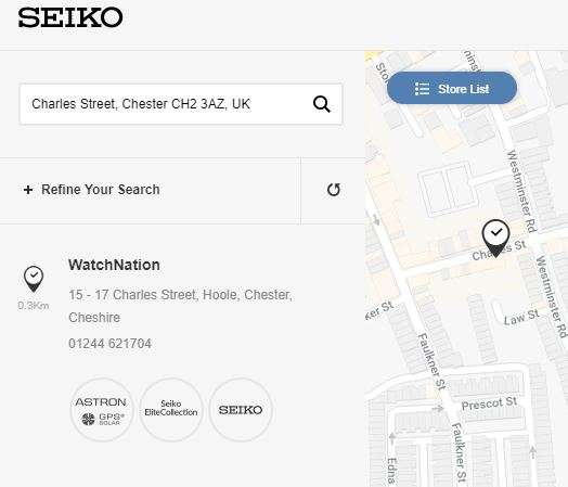 Men's Seiko 5 watch listing page screenshot with Store List and WatchNation details