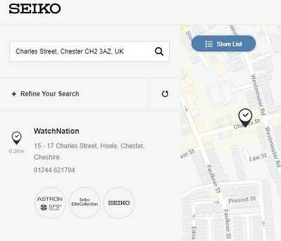 Men's Seiko 5 watch listing page screenshot showing map and WatchNation address