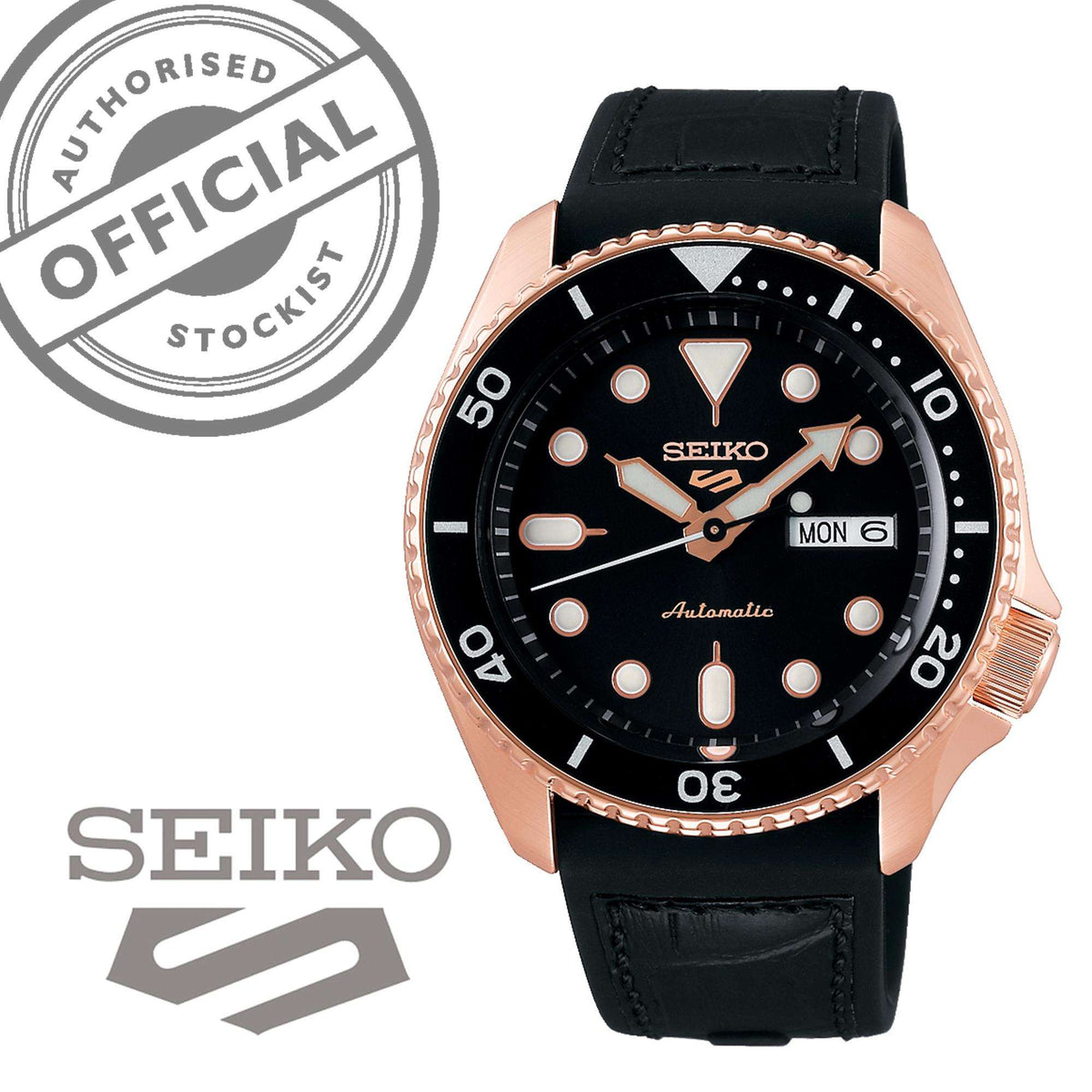 Seiko 5 Sports watch with black dial, bezel markers, and black leather strap