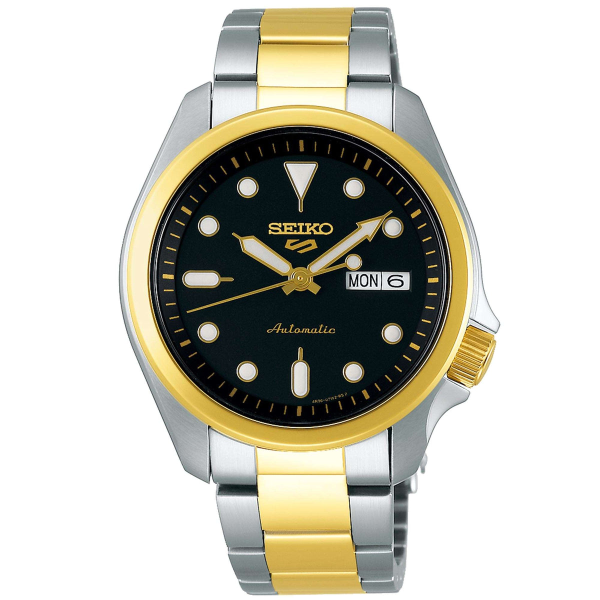 Men's Seiko stainless steel watch with gold accents, black dial, date window