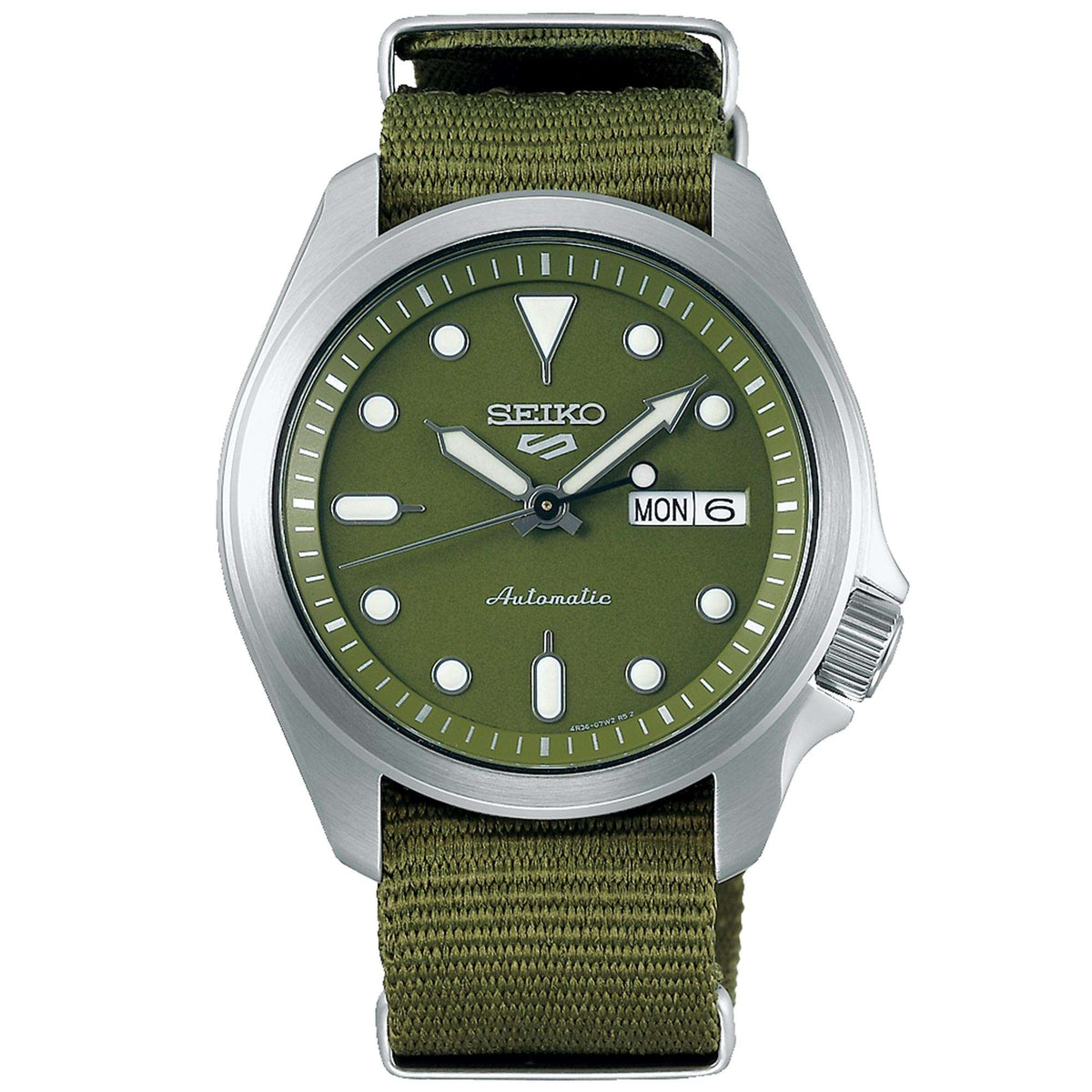 Men's green dial sports watch with green nylon strap, stainless case, date window