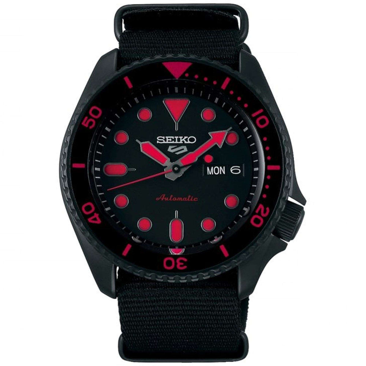 Men's Seiko 5 Sports automatic watch showing day/date at 6, black dial and nylon strap