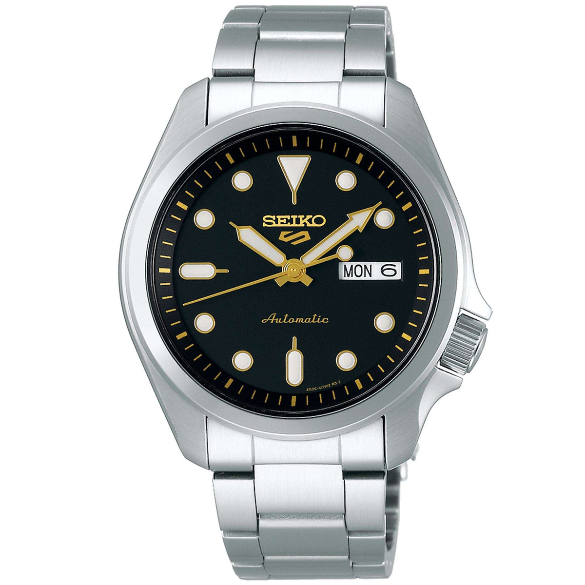 Men's automatic wristwatch with black dial, silver steel bracelet and day-date window.