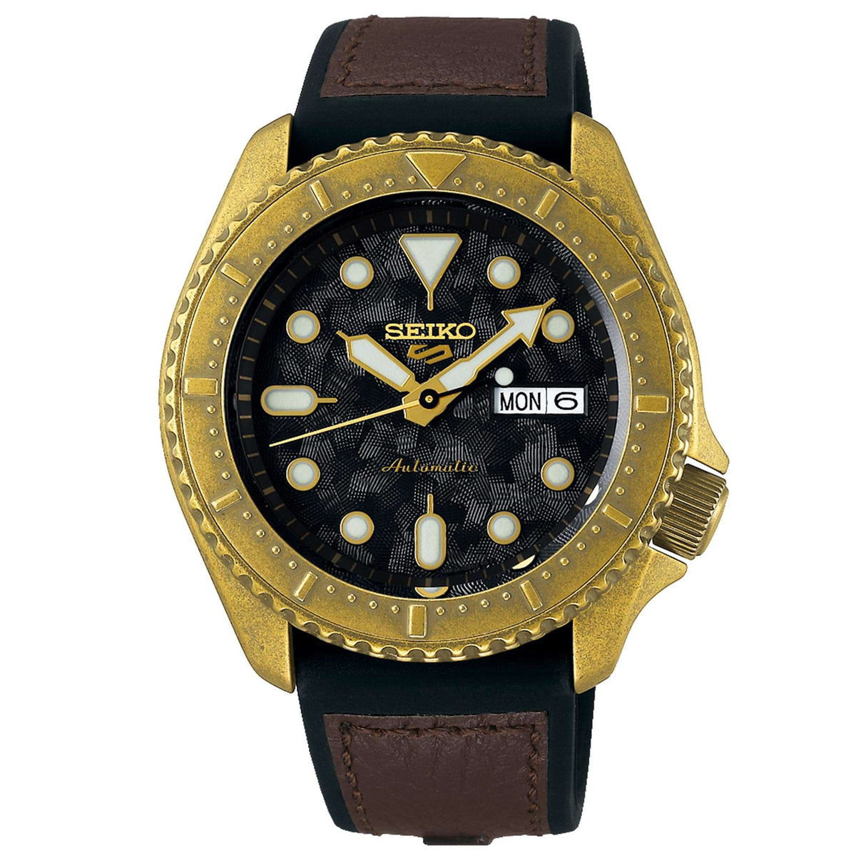 Seiko automatic men's watch with black dial, gold-tone case, brown leather strap