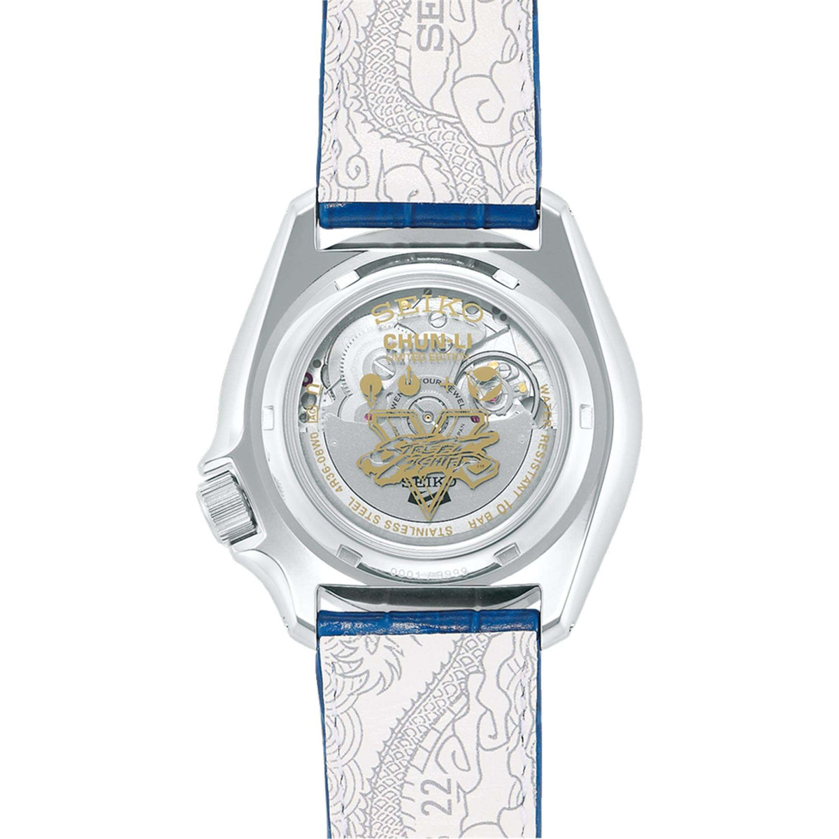 Silver-tone Seiko caseback watch with gold emblem details, blue patterned leather strap