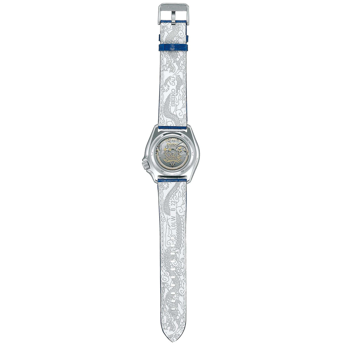 Silver-tone Seiko watch with white patterned leather strap and blue buckle, back view
