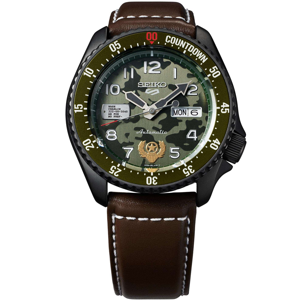 Seiko 5 Sports Street Fighter Guile Camouflage Dial Brown Leather Strap Men's Watch SRPF21K1