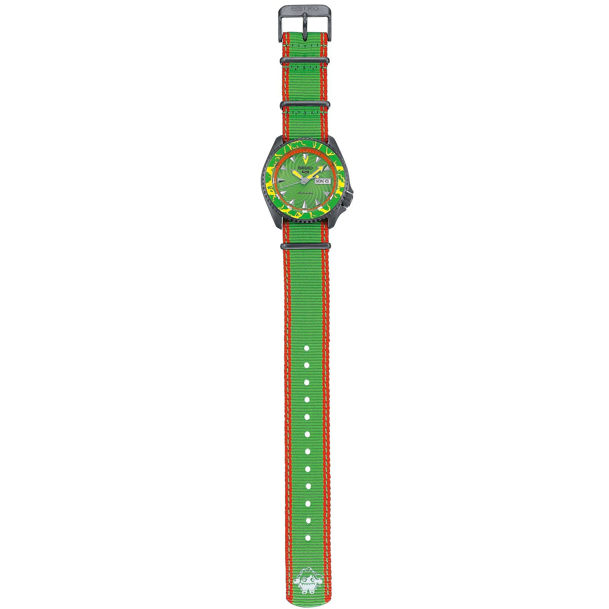 Automatic wristwatch with green dial and green-red nylon strap, side view