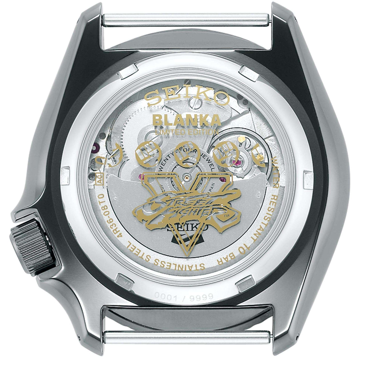Automatic wristwatch caseback with silver dial, visible movement, black-and-silver bezel