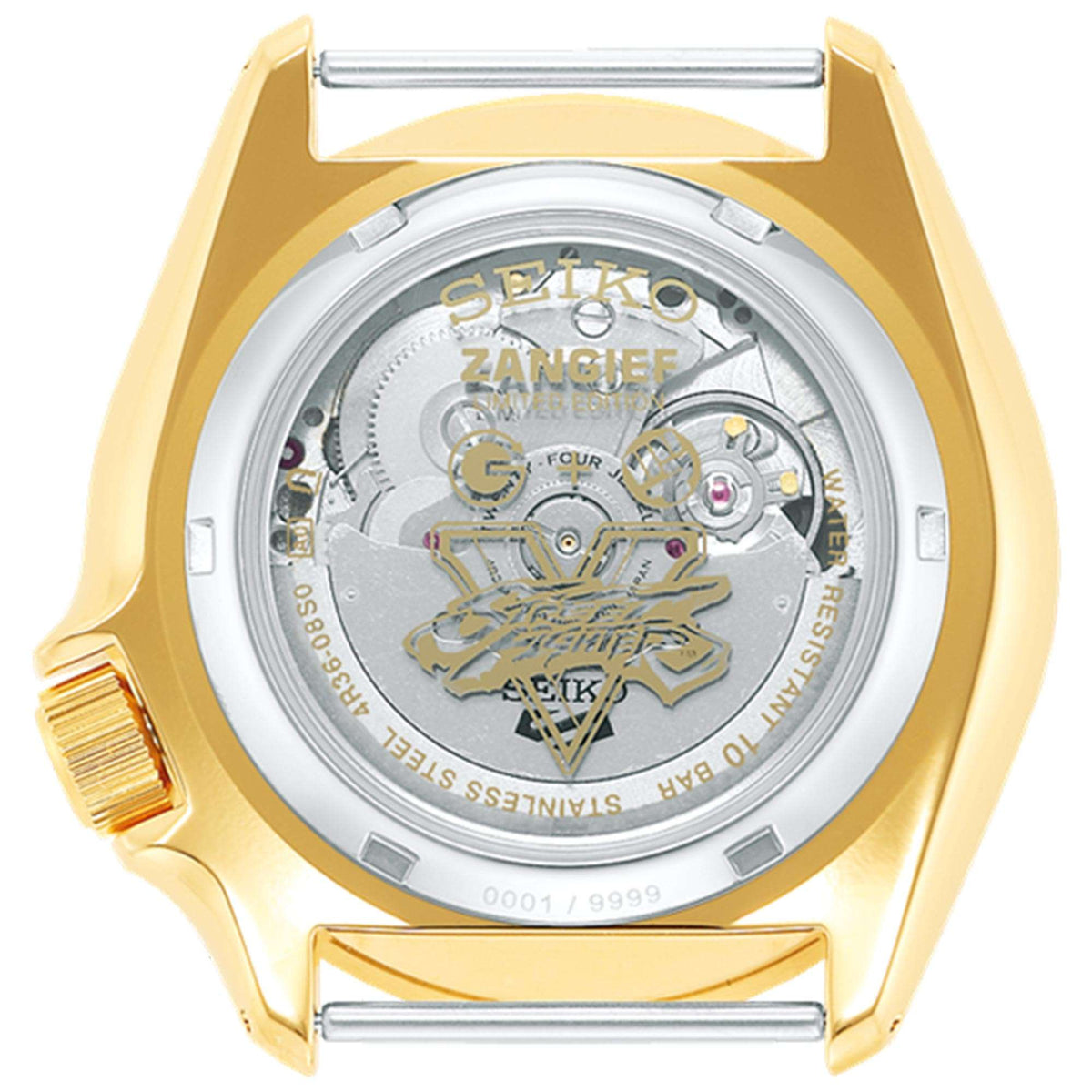 Men's automatic watch rear view with gold-tone case and metallic skeleton-style dial