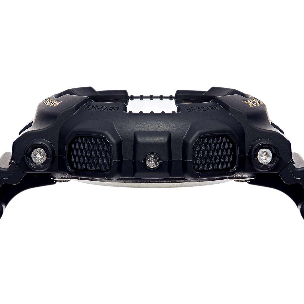 Black watch case with textured side grips and protected crown area.