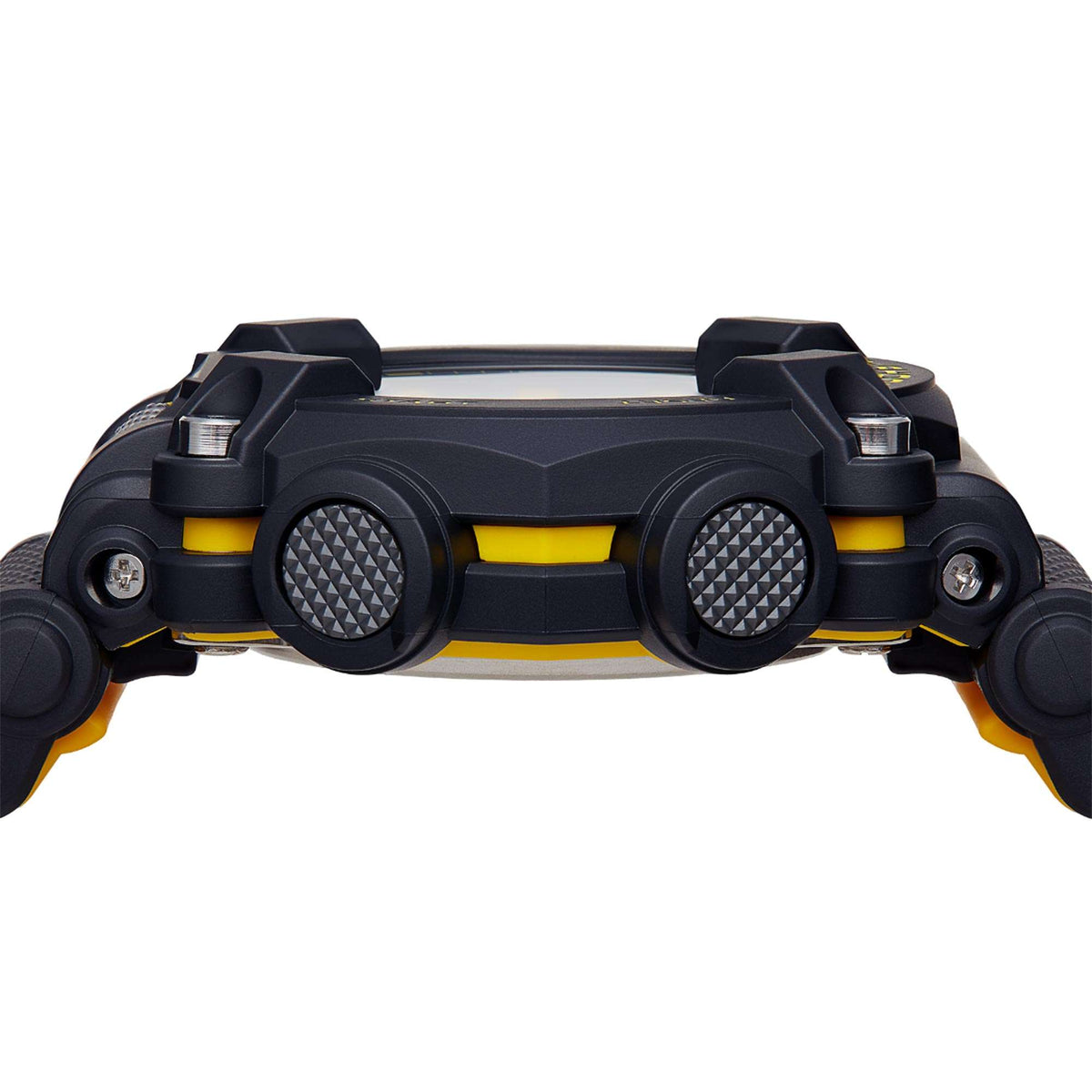 Sport wristwatch top view with black case, screw details, and textured side buttons