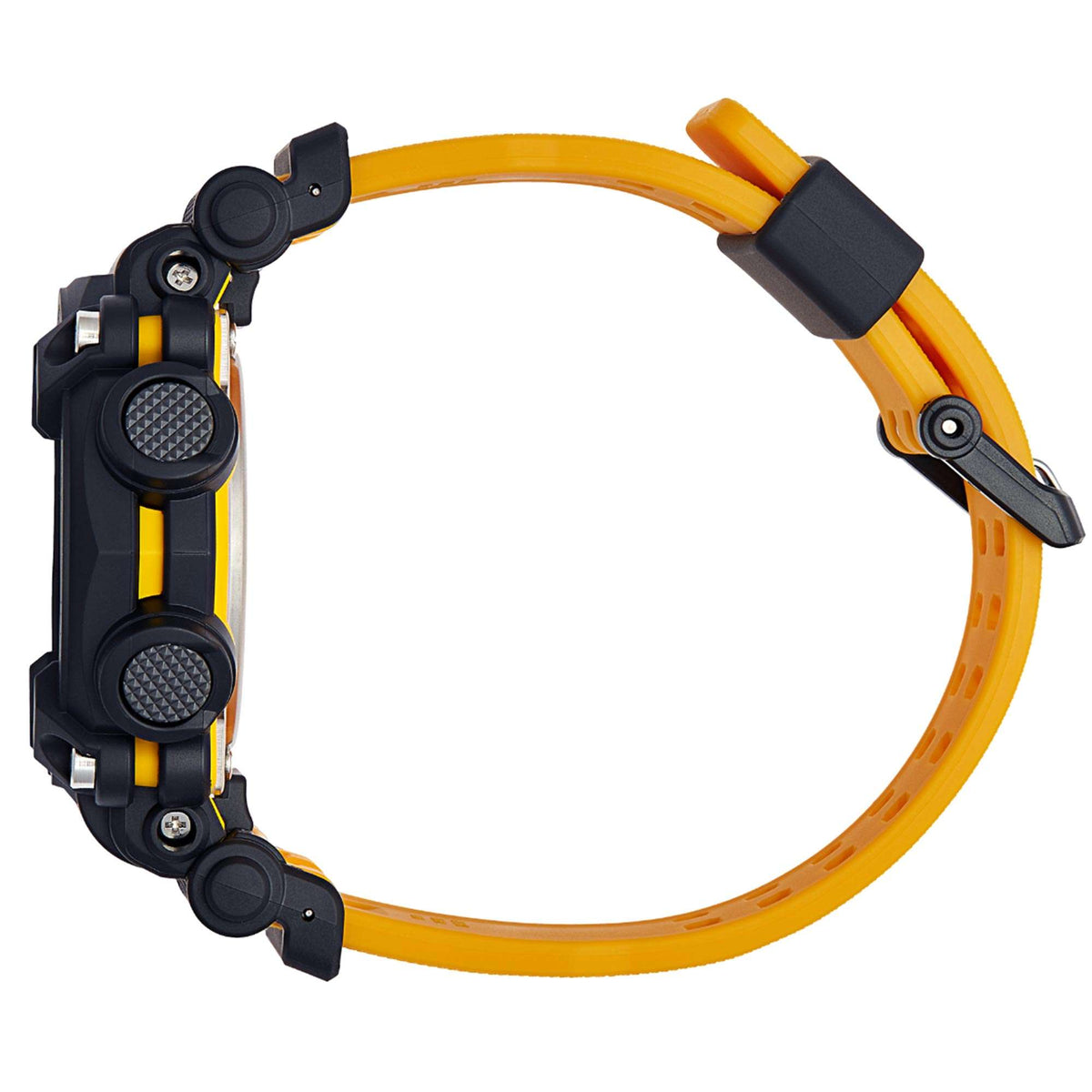 Sport wristwatch side view with black case, yellow strap, and round protective buttons