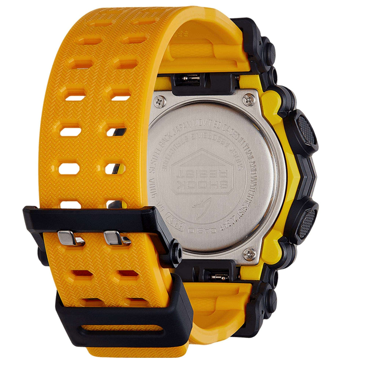 Men's sport watch back view with metal case plate and yellow perforated resin strap