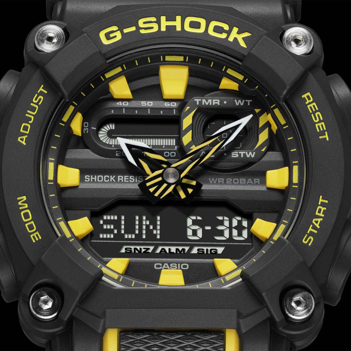 Men's G-Shock quartz watch with black resin strap, black dial, yellow accents and digital display