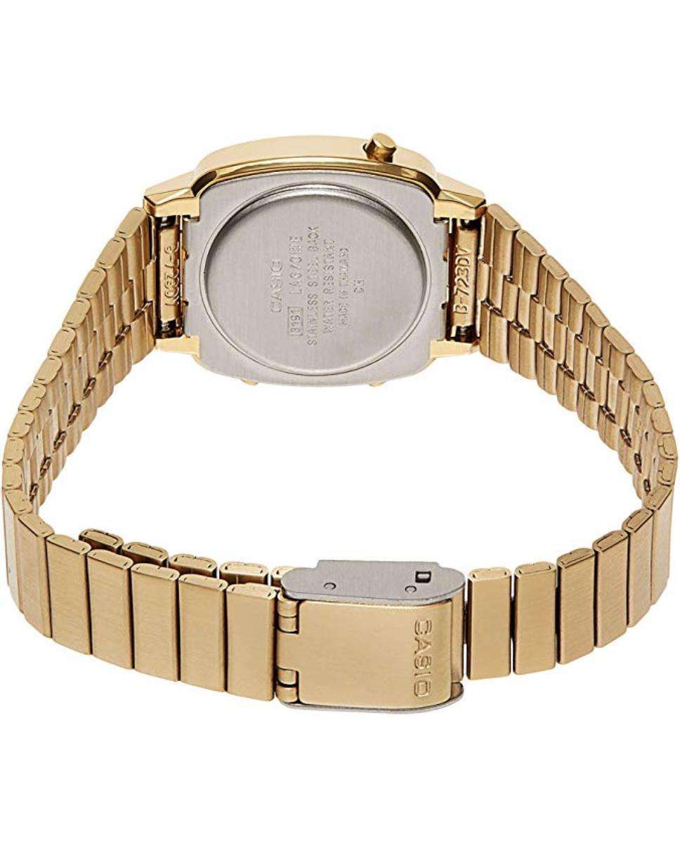 Gold-tone ladies watch with stainless link bracelet and round back case