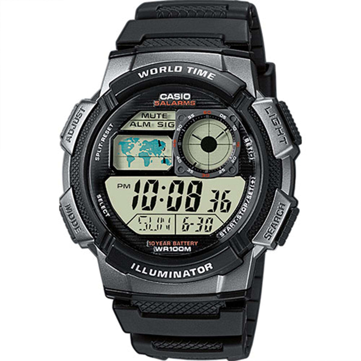 Casio world time digital watch with black resin strap, round case, LCD screen with map