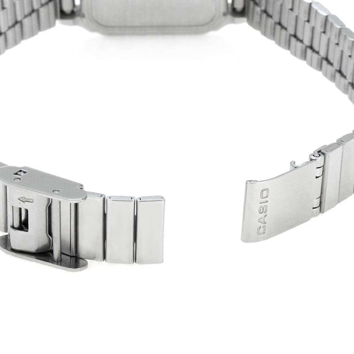 Casio ladies’ stainless steel watch bracelet clasp with fold-over buckle.