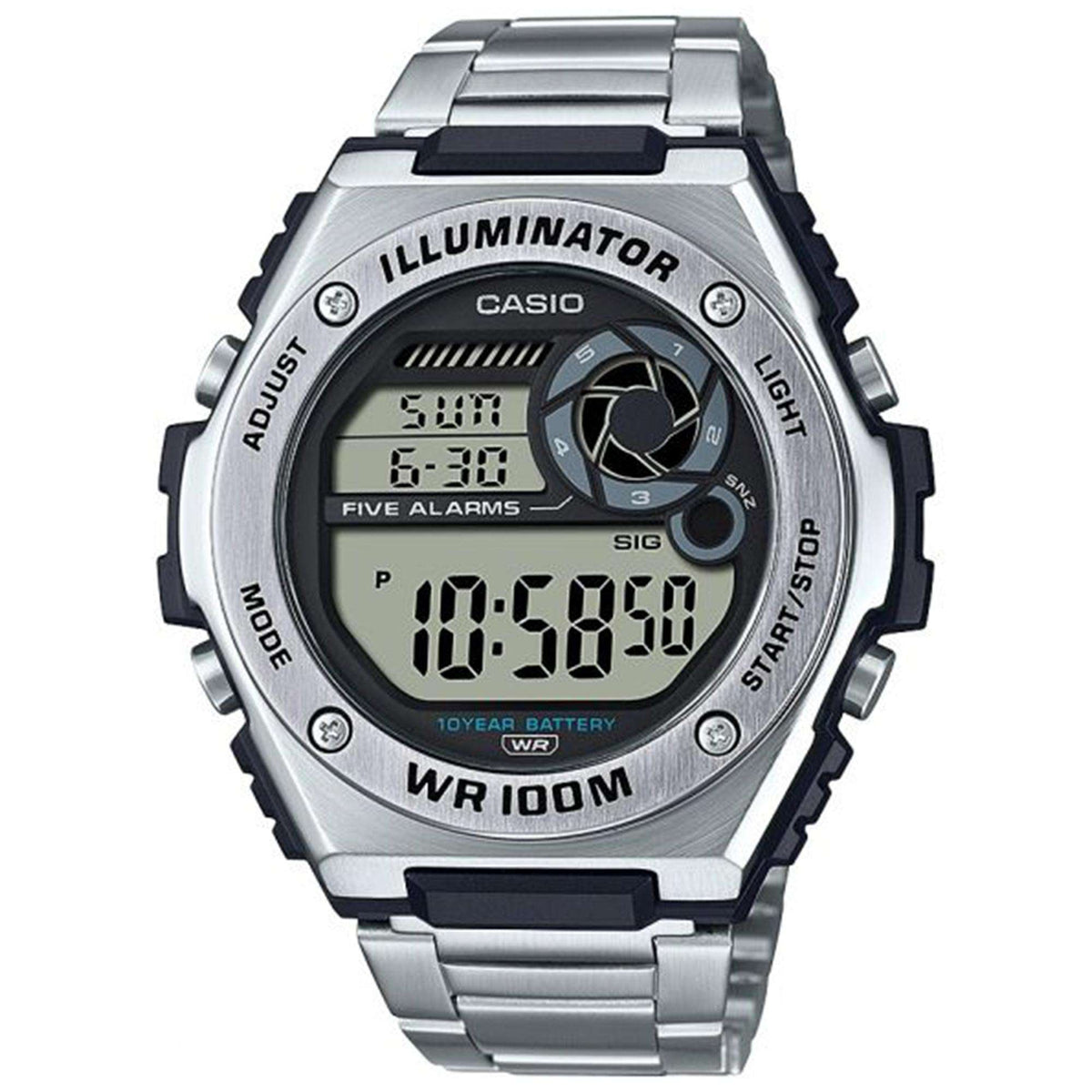 Men's digital wristwatch with black display and stainless steel bracelet, WR 100M