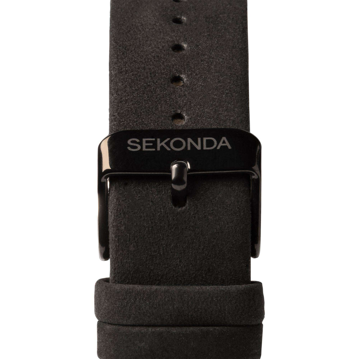 Black suede-style watch strap close-up with SEKONDA keeper and buckle hardware