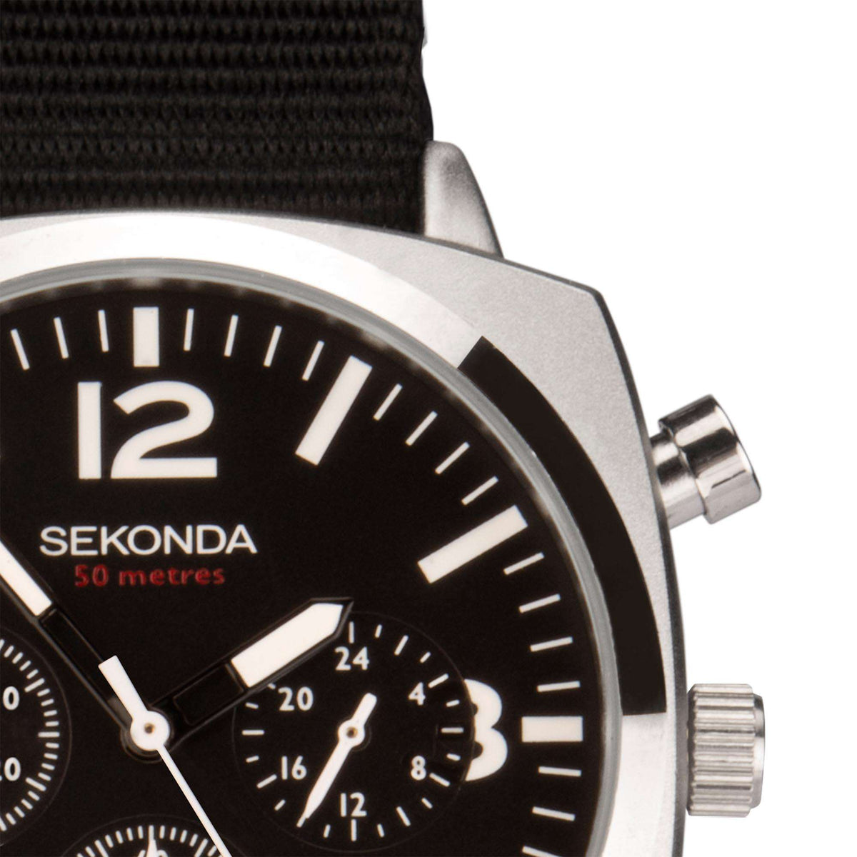 Sekonda watch case detail with black dial, silver hour markers, and side crowns.