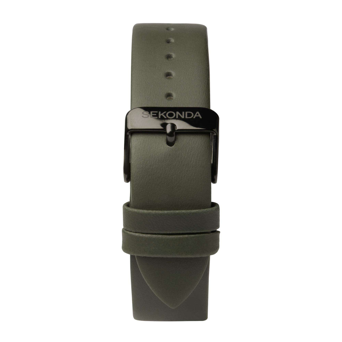 Sekonda wristwatch back view with green leather strap, buckle hardware, and lugs.
