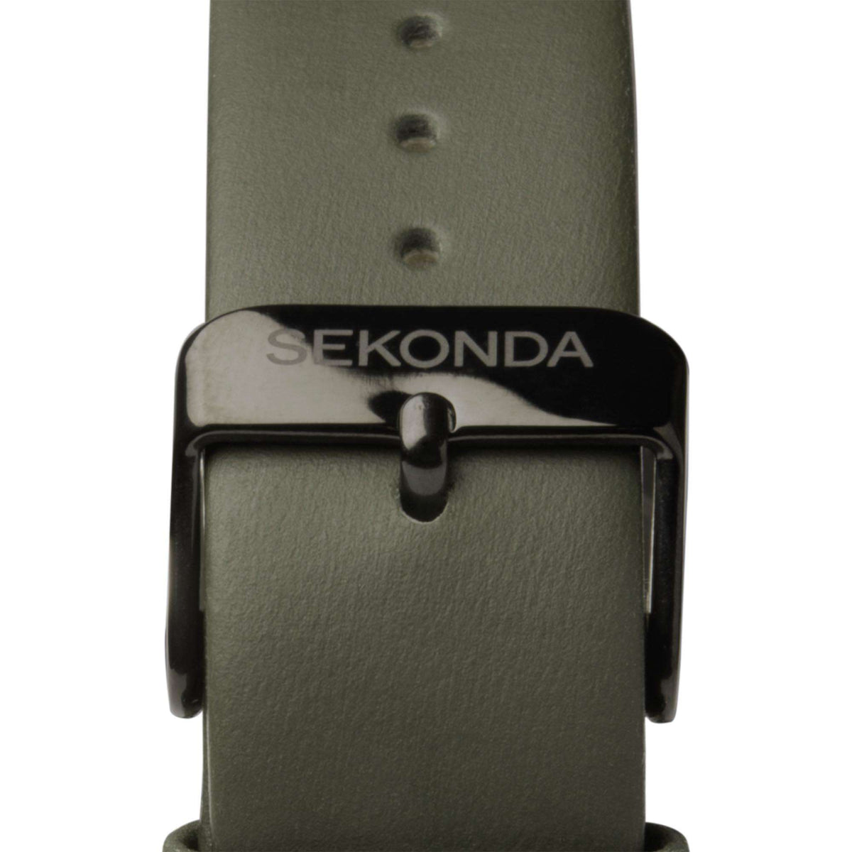 Sekonda wristwatch with green leather strap and black bezel, visible clasp and lugs.