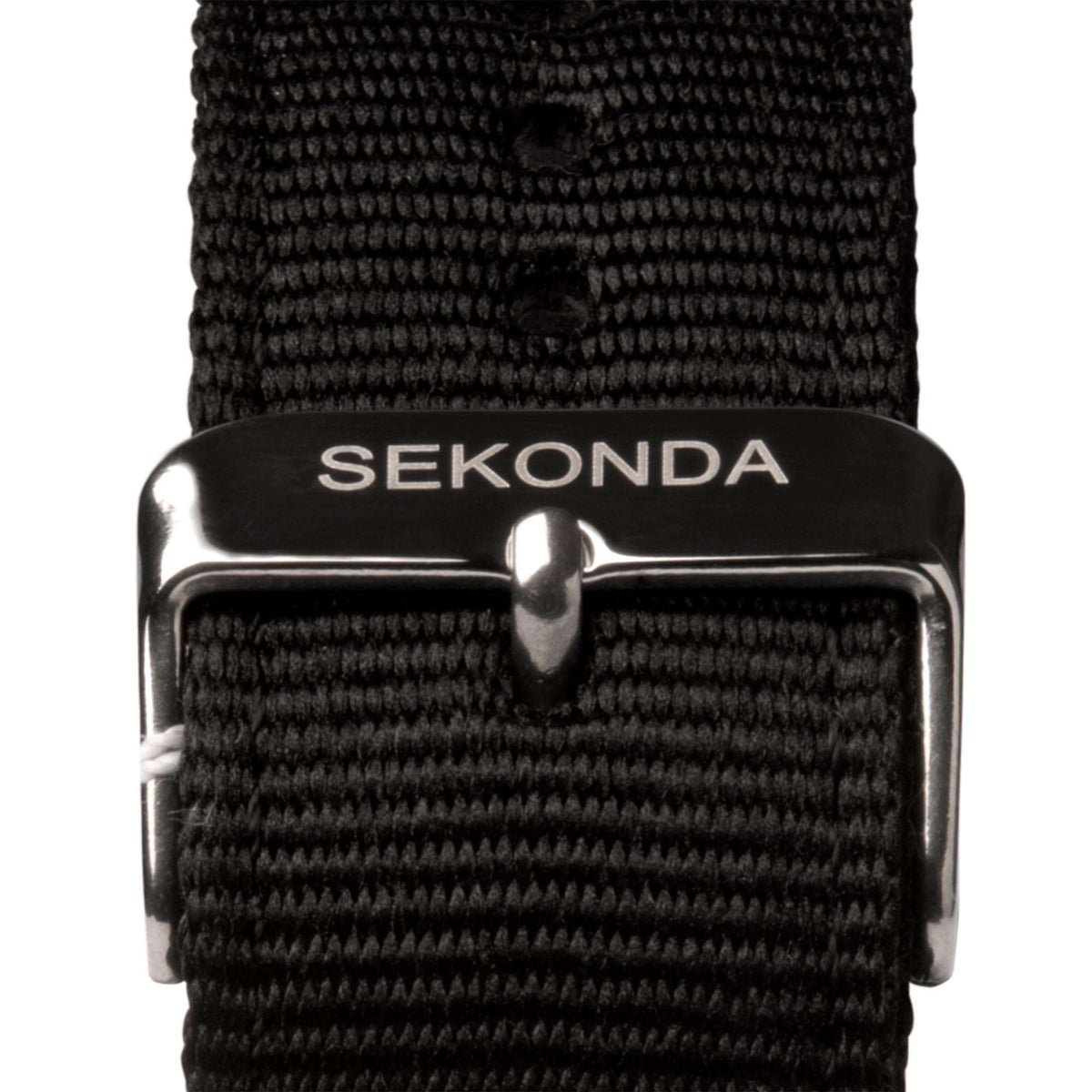 Men's watch with black fabric strap and visible SEKONDA buckle detail