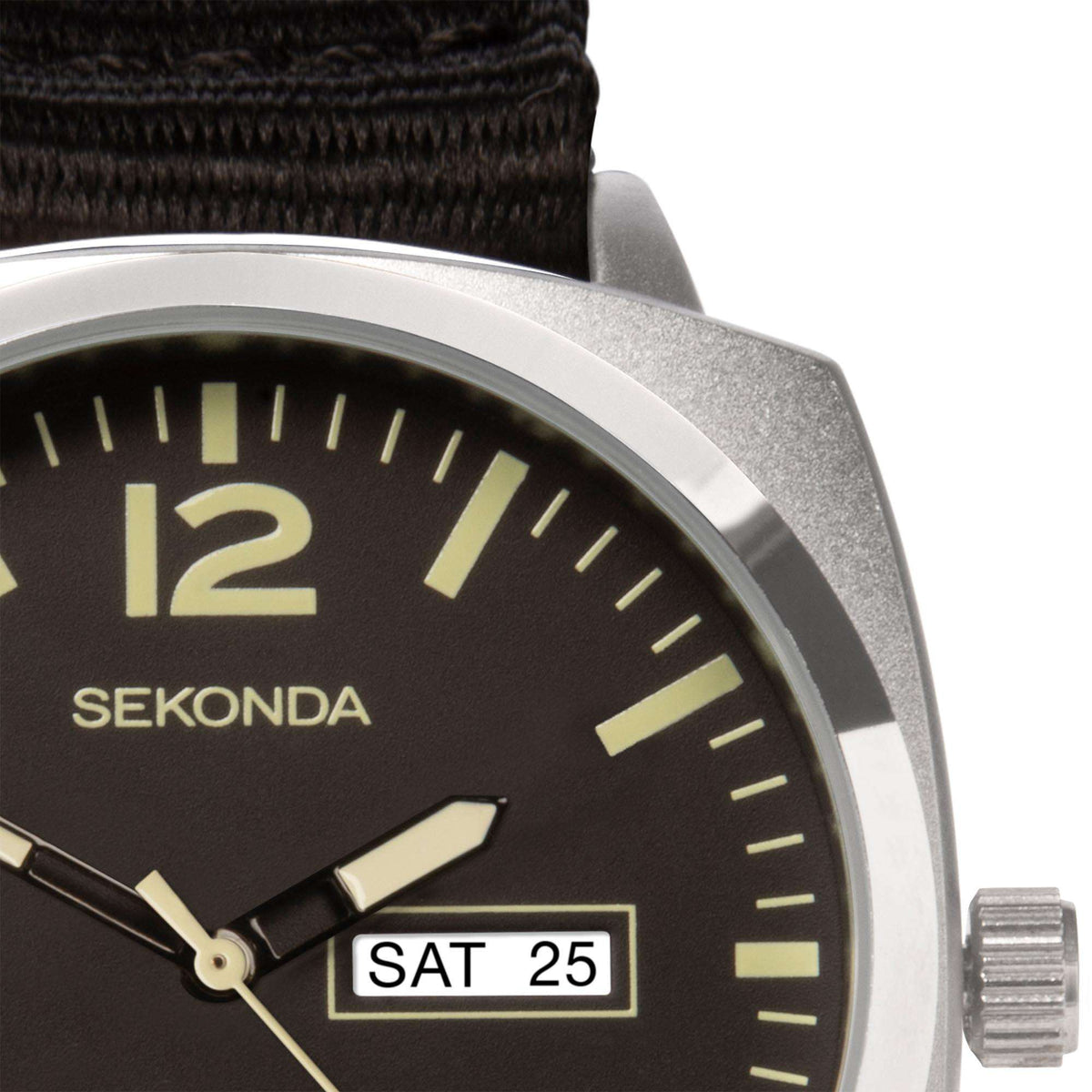 Men's watch dial close-up with black face, gold markers, and SAT 25 date