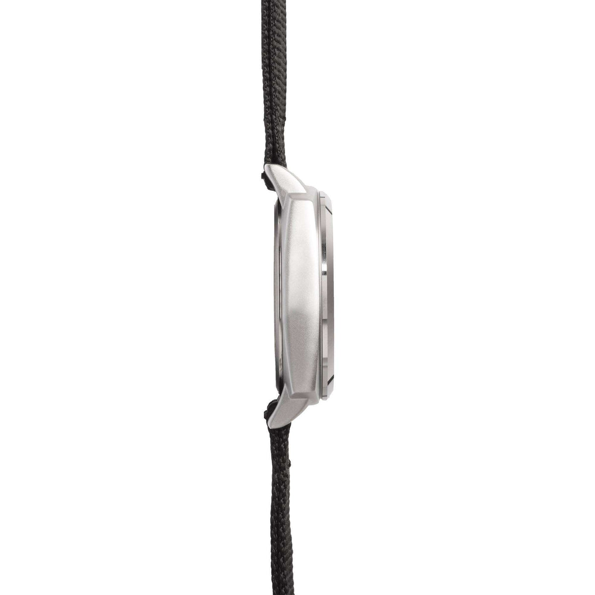 Men's watch profile view with silver-tone case and black fabric strap