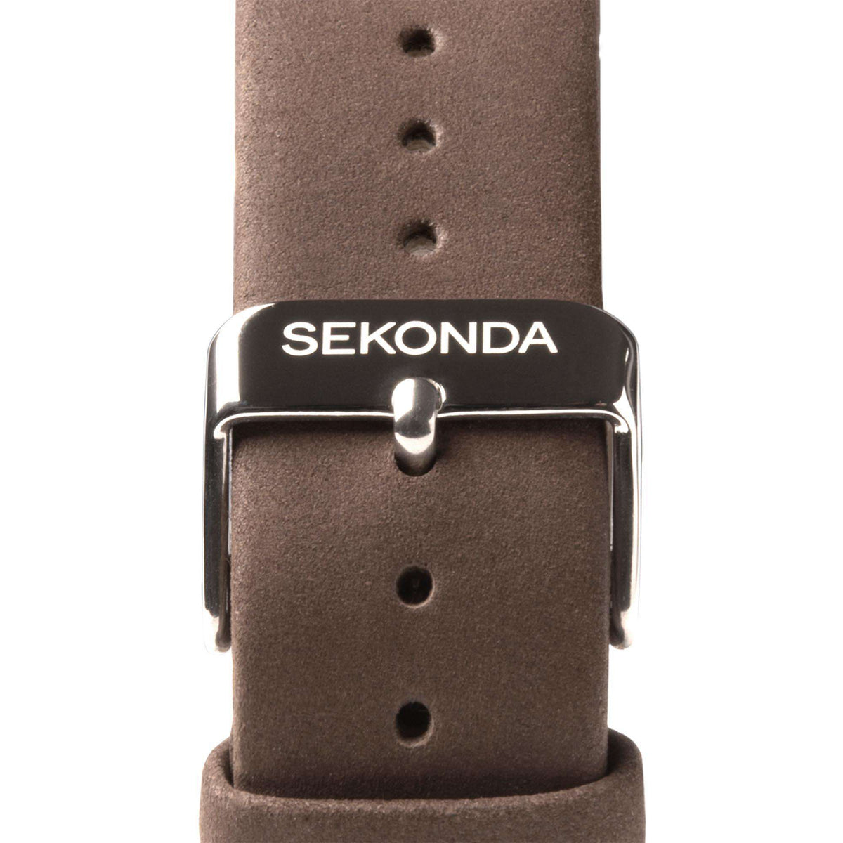 Men's quartz watch buckle clasp on brown leather strap with SEKONDA branding