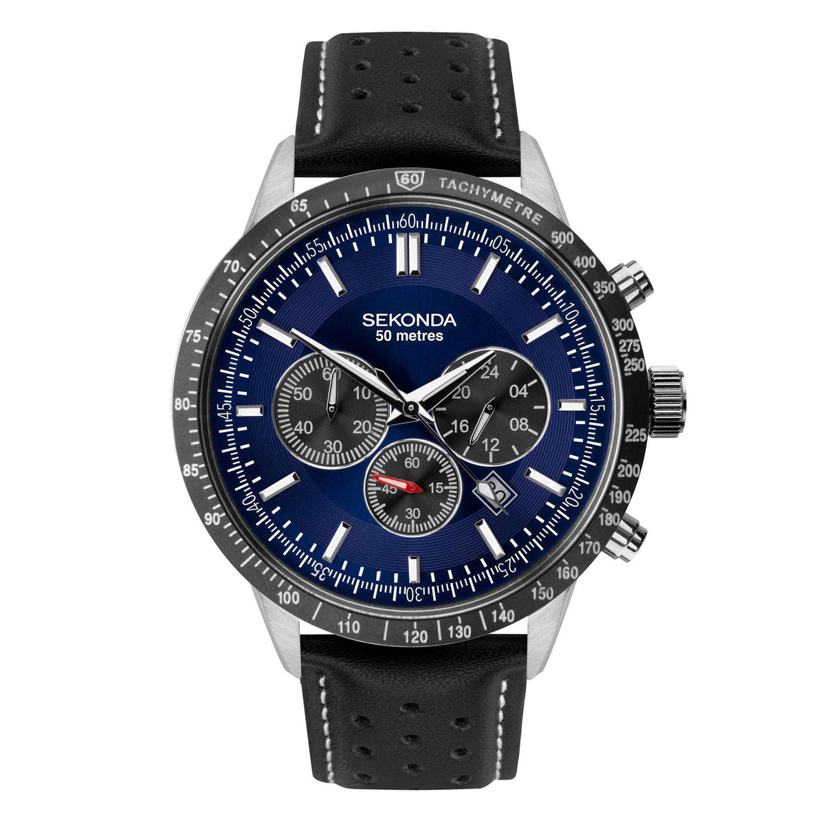 Men's chronograph quartz watch with blue dial, black leather strap, tachymeter bezel