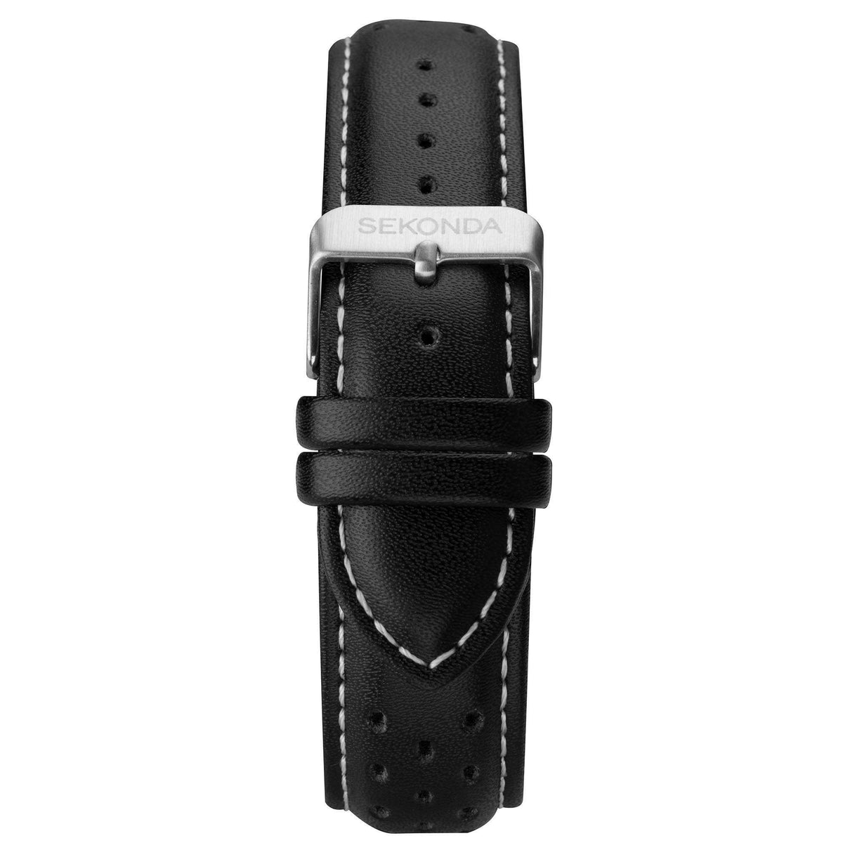 Men's watch with black leather strap and metal buckle, front-facing side view