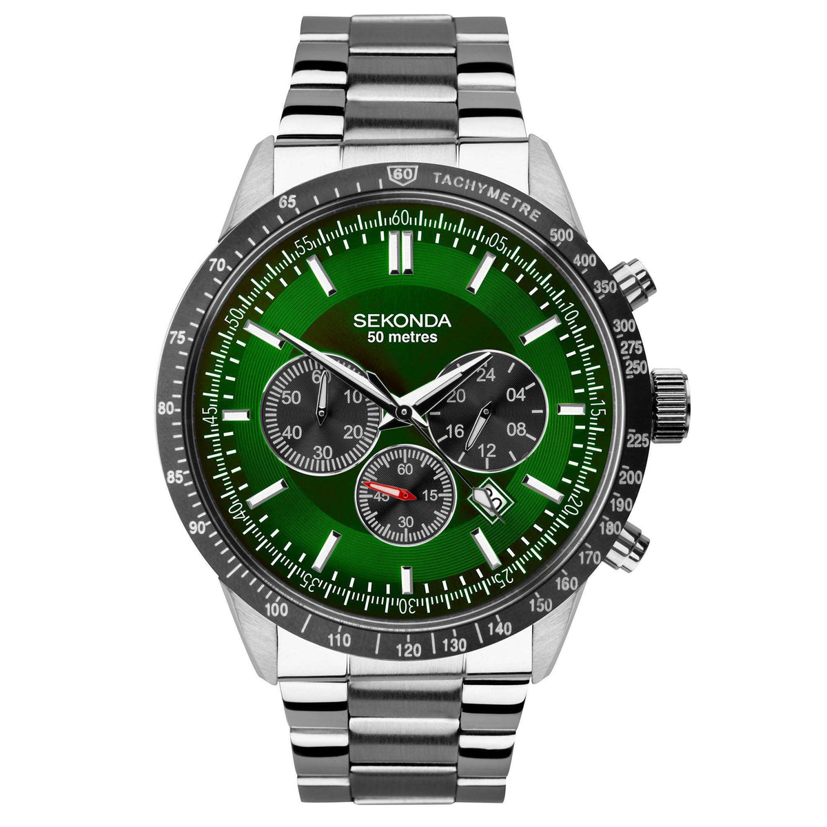 Men's stainless chronograph watch with green dial, tachymeter bezel, and chronograph subdials