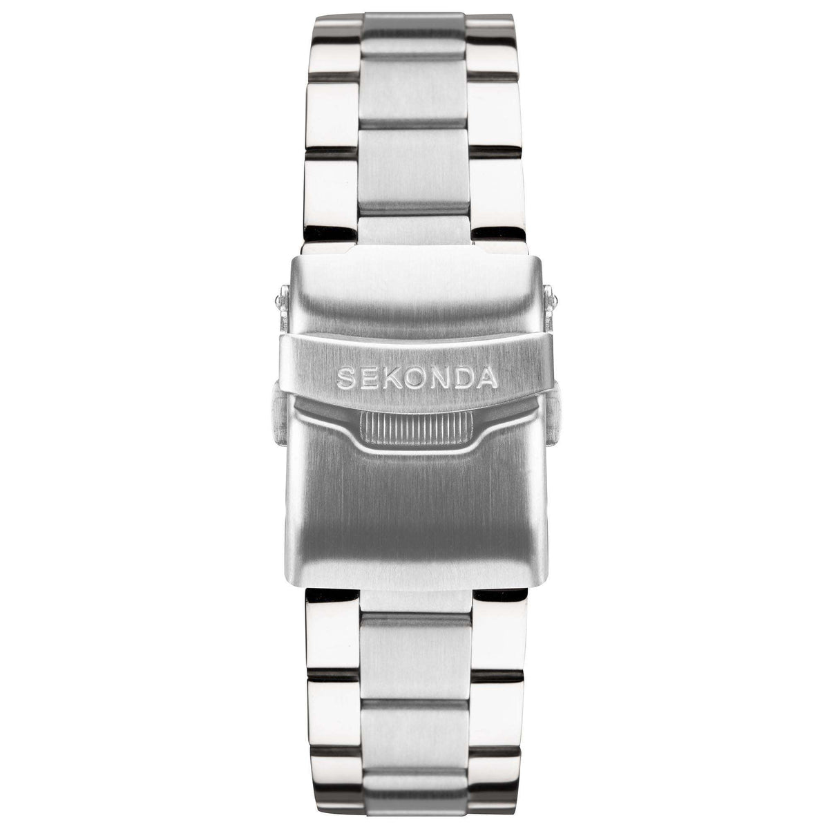 Men's stainless watch with engraved brand clasp and brushed metal bracelet links