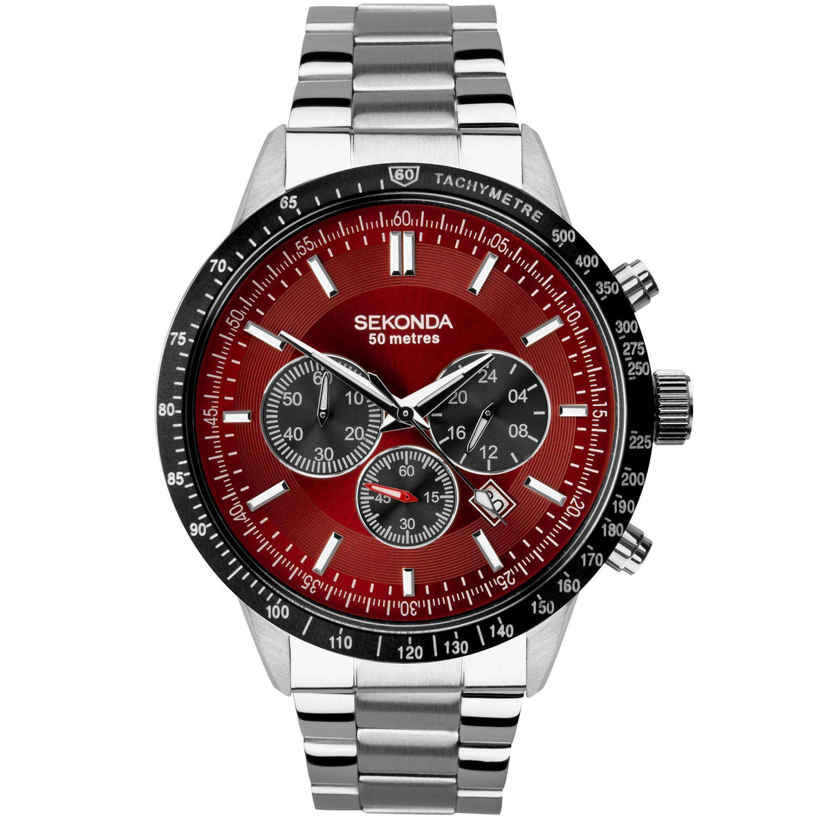 Sekonda chronograph quartz men's watch three-quarter front view, red dial and steel bracelet