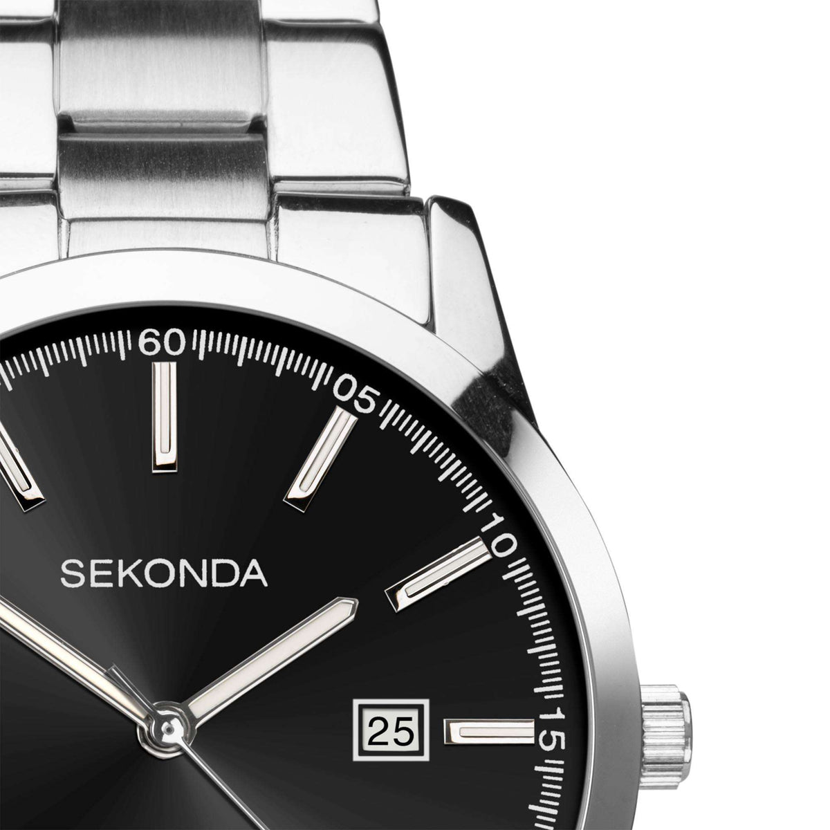 Quartz watch black dial close-up with baton hands and date at 25