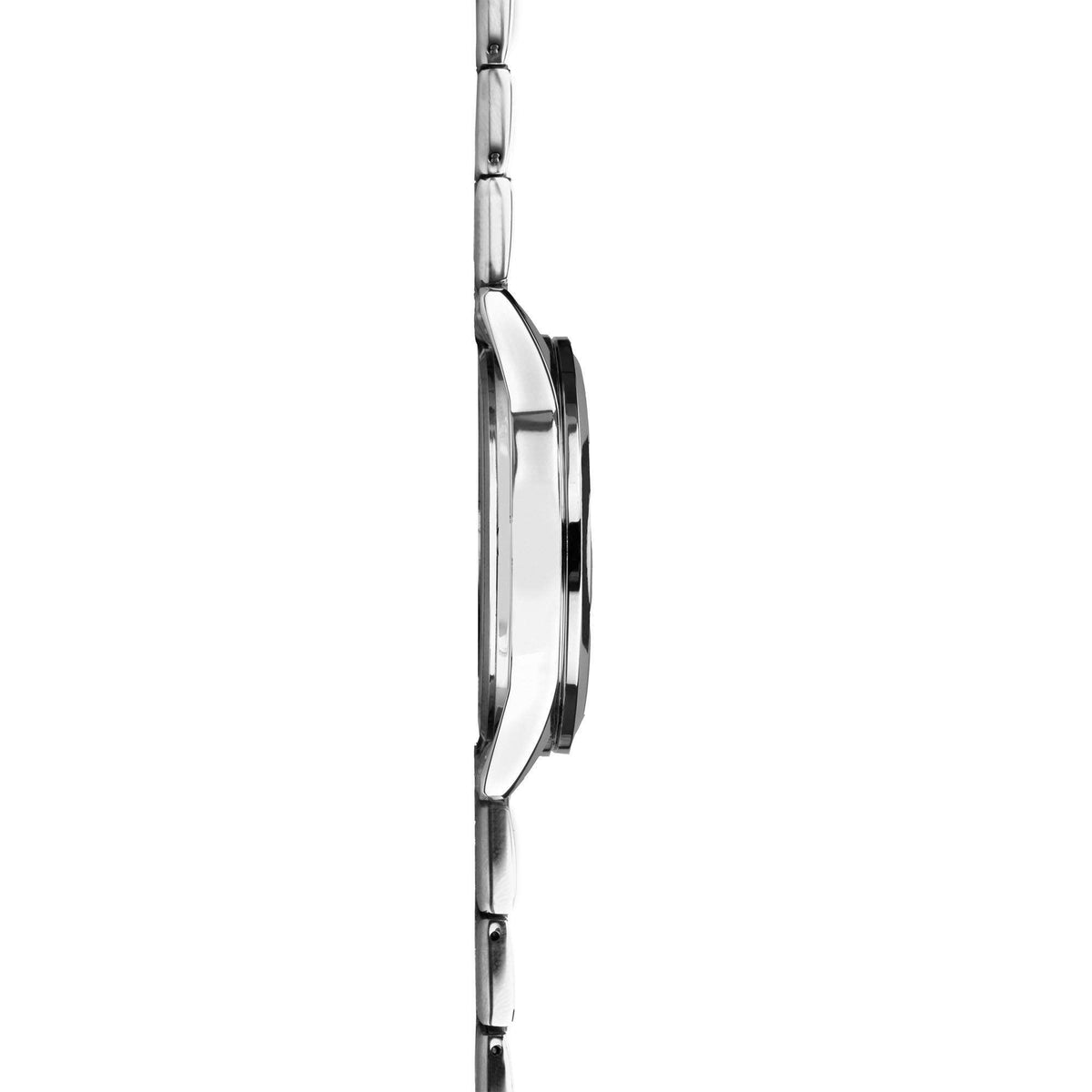 Side profile of stainless steel quartz watch with bracelet links