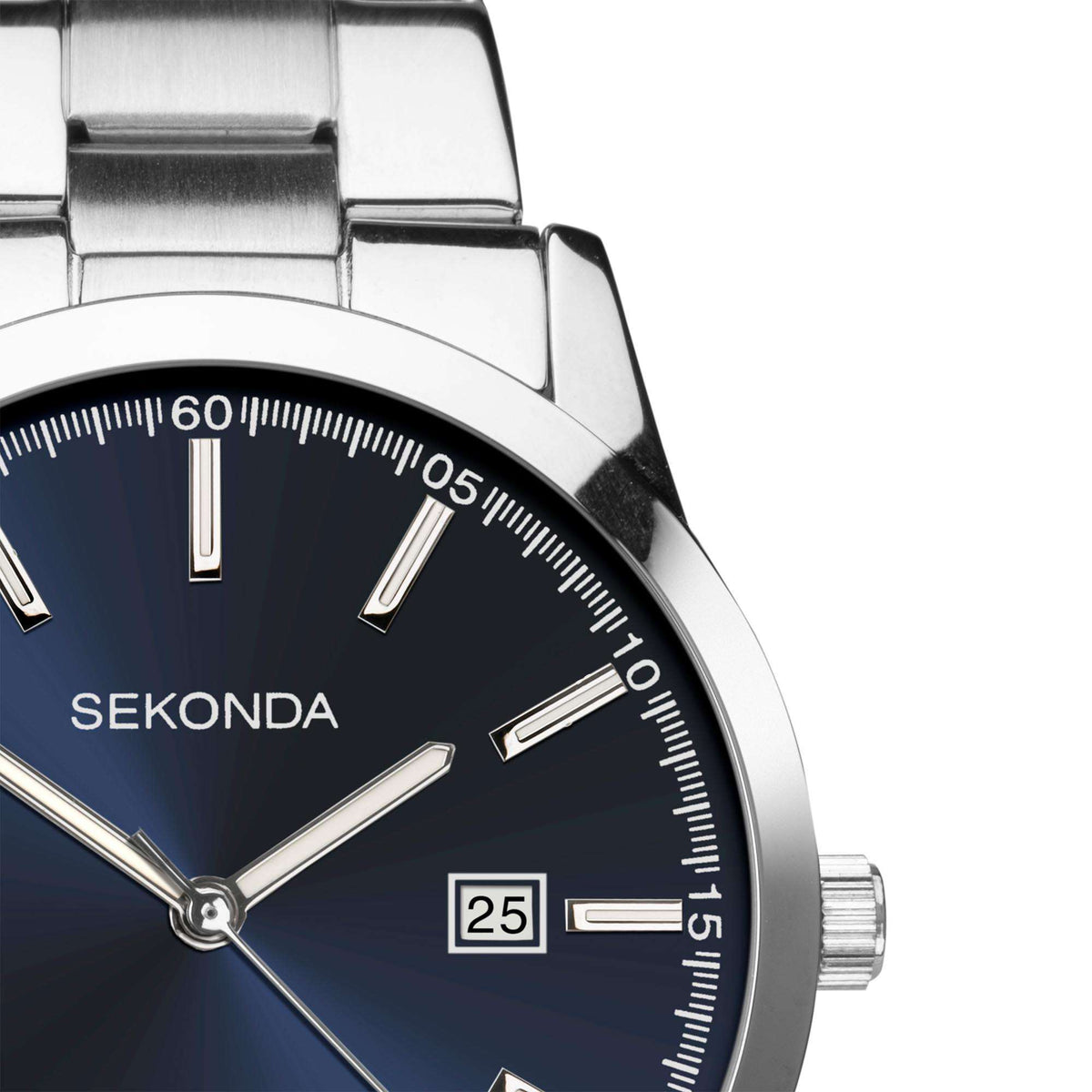 Close-up of dark blue dial with silver hands, markers, and date window