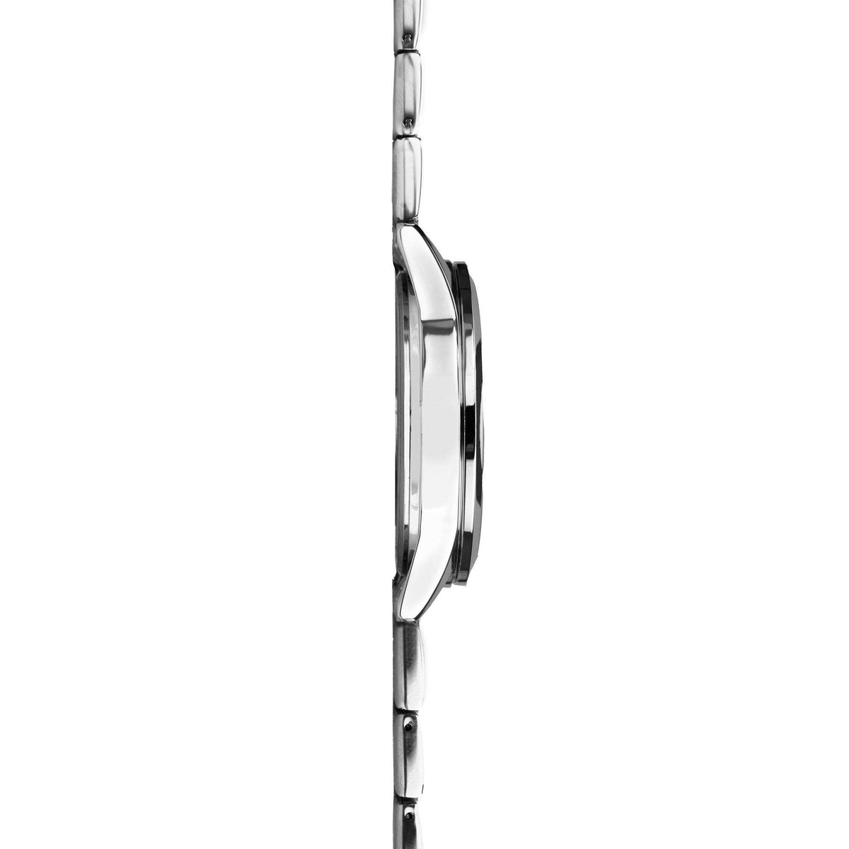 Three-quarter side view of stainless steel watch case and strap links