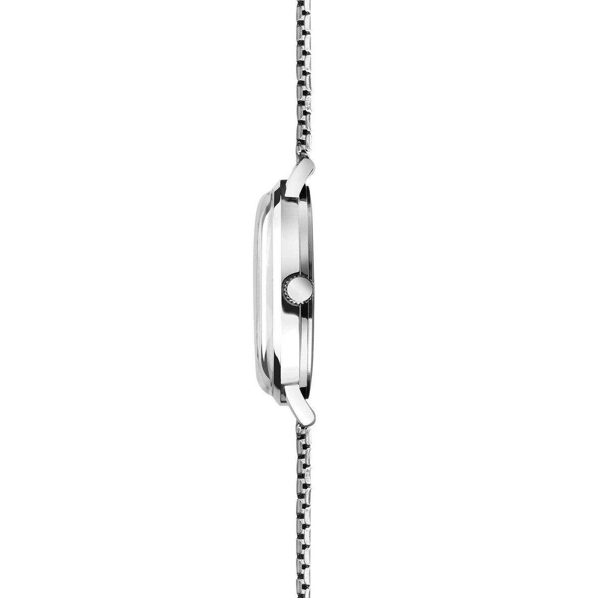 Stainless steel watch case profile with crown and bracelet attachment, vertical view