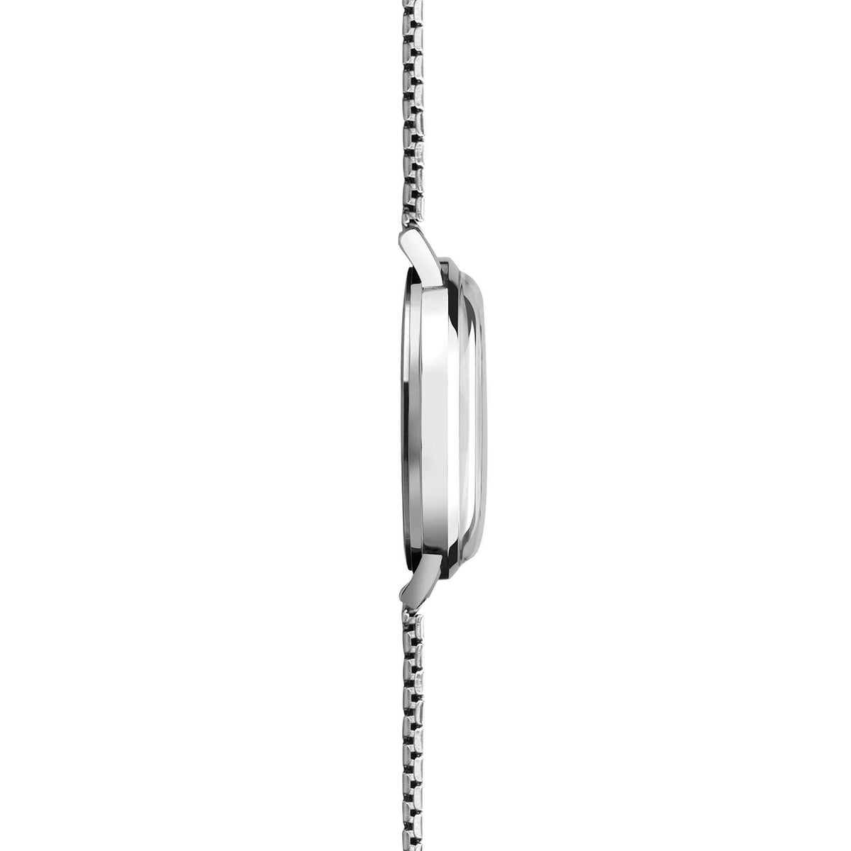 Stainless steel watch profile with smooth case flank and bracelet link band, side view