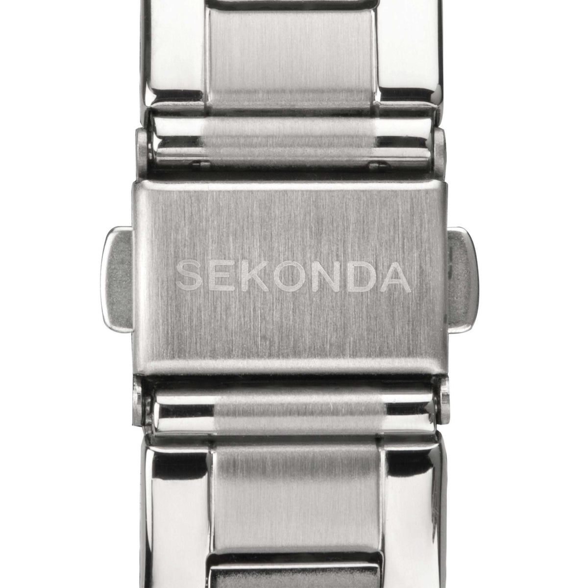 Sekonda stainless steel bracelet watch clasp close-up with engraved brand
