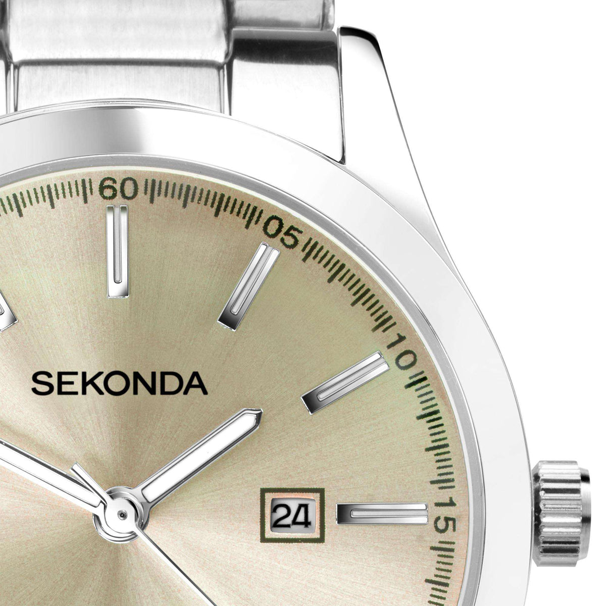 Beige dial Sekonda watch with silver hands, hour markers, and date display